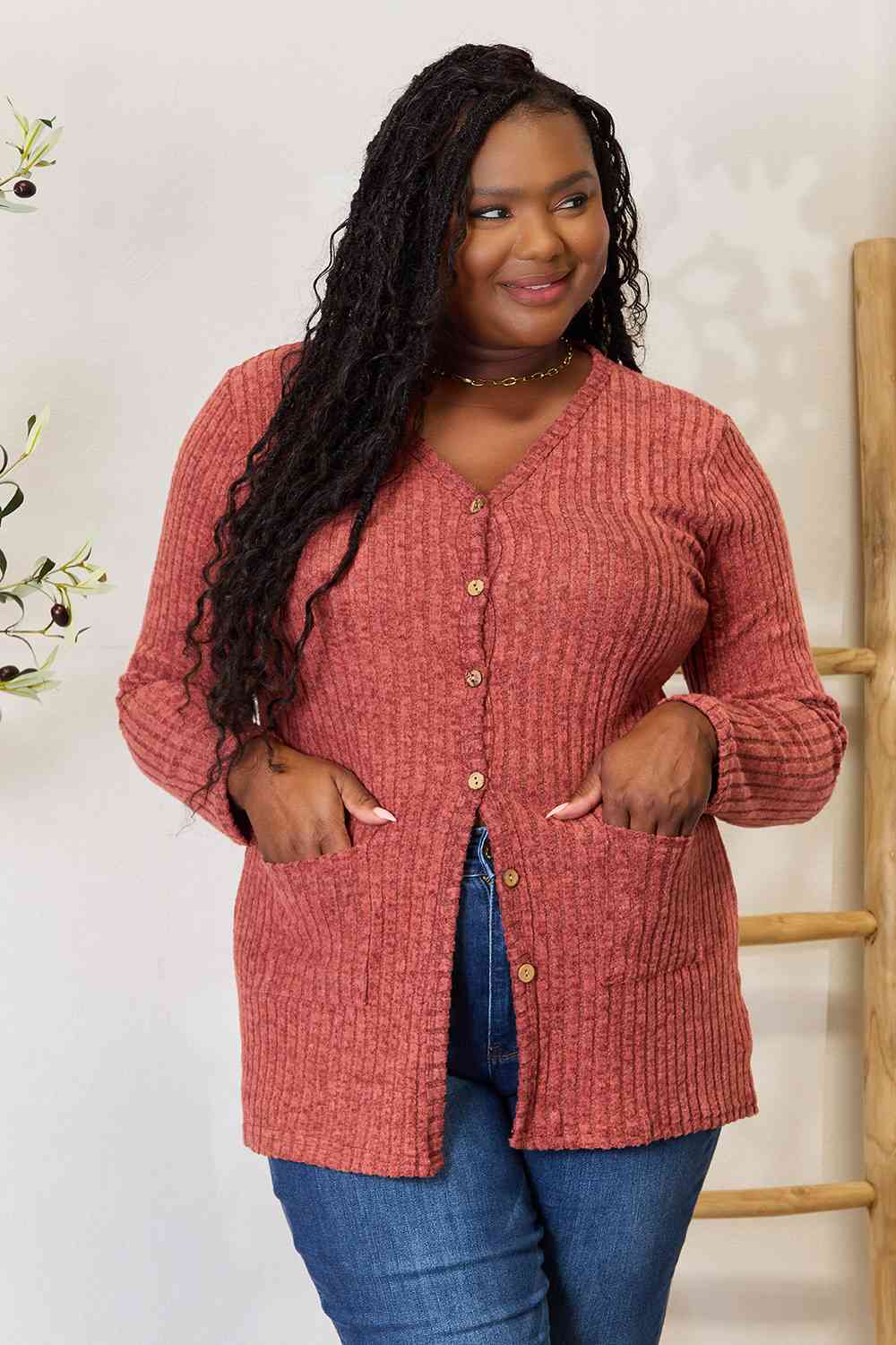 Double Take Ribbed Button Up Cardigan with Pockets Fleur De Leigh Boutique